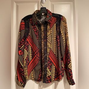 Multi-Colored Pattern Button Up Blouse with Lace Detail - Unique Boutique Find!